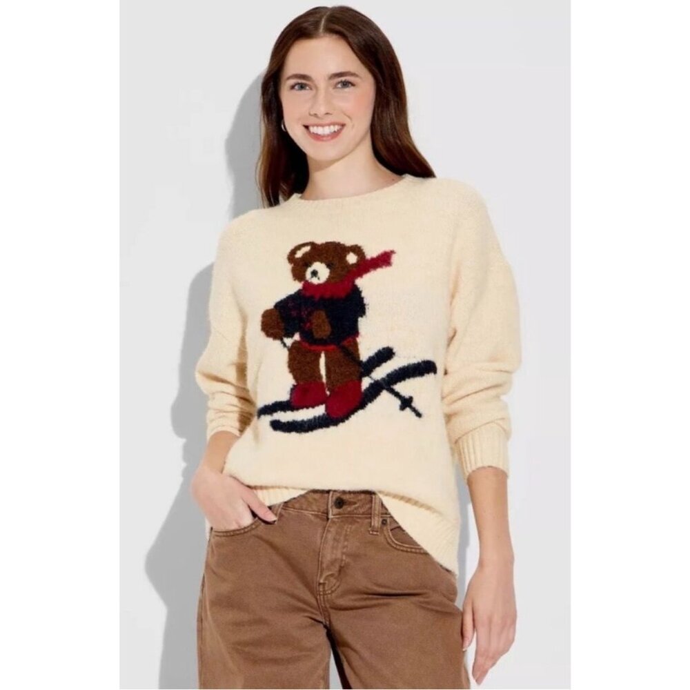 NWT Wild Fable Womens Crewneck Pullover Sweater Teddy Bear Ski Cream Size S [jb]